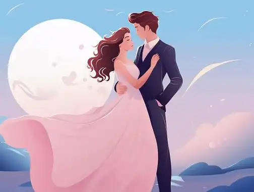 情侣结婚典礼拥抱唯美浪漫情人节爱情双人手绘插画温馨氛围感场景海报