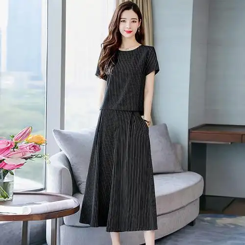女士夏装新品韩版女装洋气时尚两件套气质条纹显瘦名媛时髦套装潮