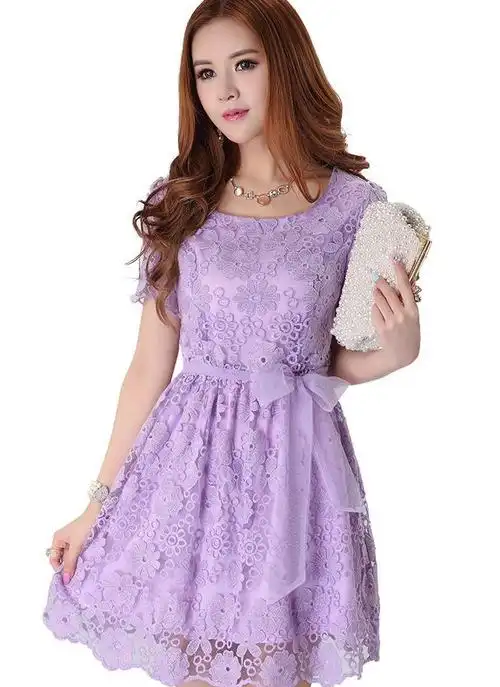 2014夏季雪纺紫色韩版修身短袖蕾丝刺绣连衣裙