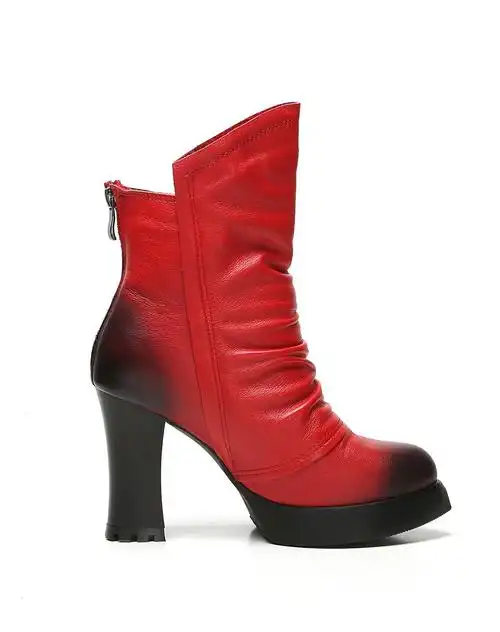 女款红色短靴保暖时尚高跟女靴森女鞋子