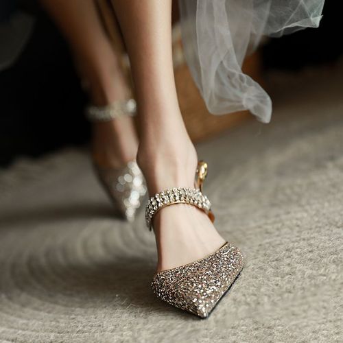 程芙夏季新款格利特细跟凉鞋女小众气质水钻精致女人味包头高跟鞋【15