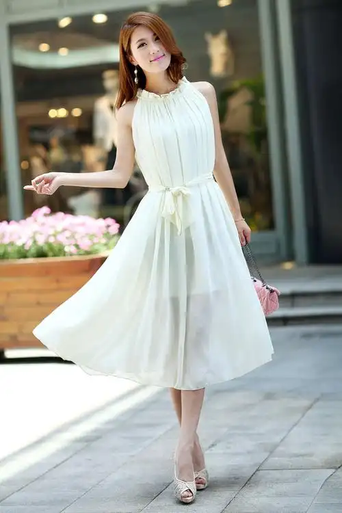 2013韩版新款百褶无袖连衣裙波西米亚雪纺裙夏女装沙滩裙飘逸长裙