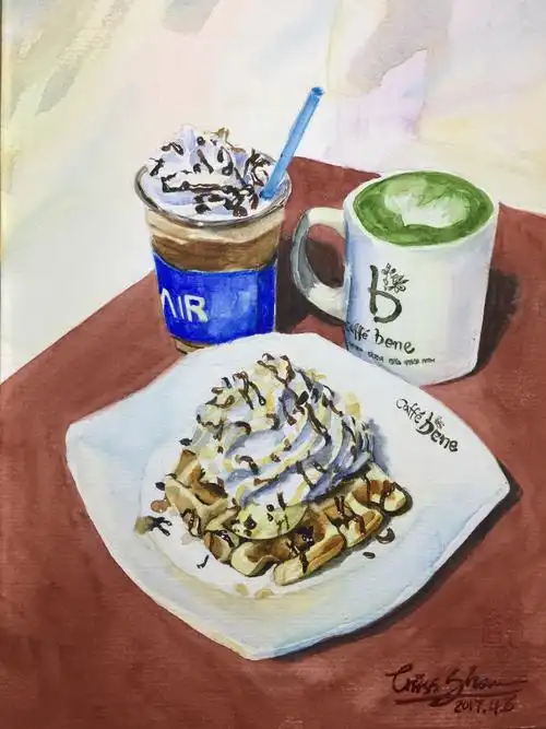 下午茶--甜品》水彩画 ,27x19cm