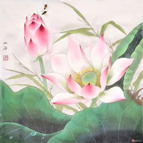 仇谷《和美图》,斗方花鸟画作品,莲花图,国画荷花-【易从网】