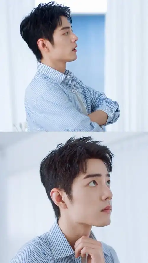 肖战条纹衬衫造型##肖战蓝色条纹衬衫造型