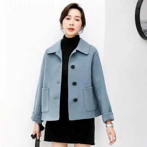 2021新款方领双面呢全羊毛大衣短款显廋羊毛大衣毛呢外套秋装女