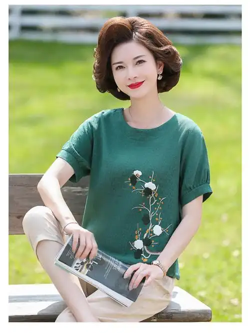 恒源祥中年女士夏季半袖园领妈妈夏装棉麻短袖女士夏天洋气上衣中老年