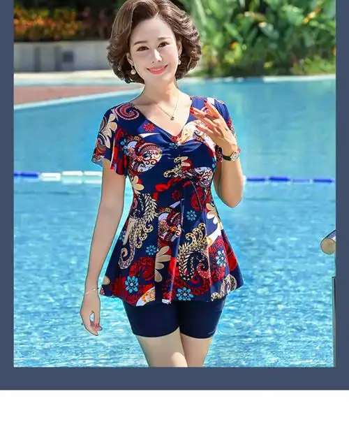 妈妈泳衣妈妈泳衣女保守中老年显瘦遮肚大码分体中年妈妈款游泳衣泳装