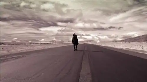 内容是一个人背着包在野外的马路上走着, 谢了.