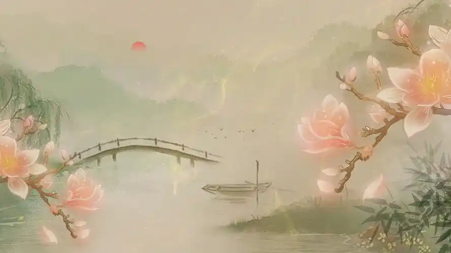 古风古典粉色淡雅建筑桃花油纸伞飘落动态视频背景hd水墨山水锦绣中国