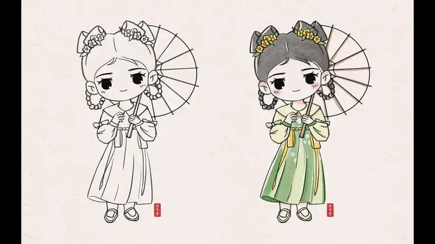 【ps水彩】水彩国风q版女孩9