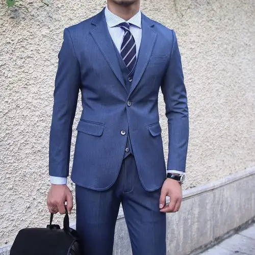 一折三件套装男西装_鹿三先生男士日系复古深蓝色轻熟西装三件套英伦