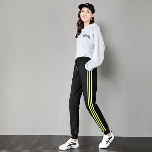 裤子全棉女士休闲运动子女侧边白条三道杠宽松松显休闲裤