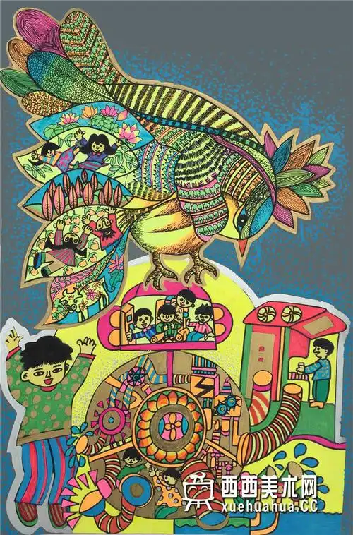 一等奖小学生获奖科幻画《飞来的吉祥鸟》赏析