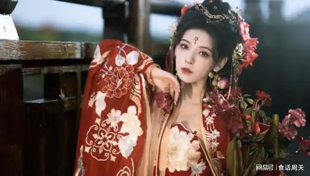 张予曦穿着一袭红衣,身披古装,妖娆的姿态和明艳的容颜在花雨中显得