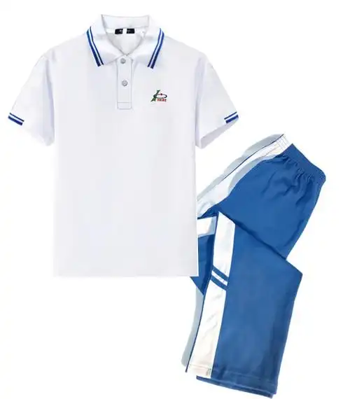 海口市第十中学春季白色休闲短袖上衣蓝色裤子学生校服