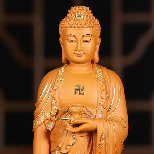 香樟木雕南无阿弥陀佛像居家供奉接引站纯铜大摆摆件