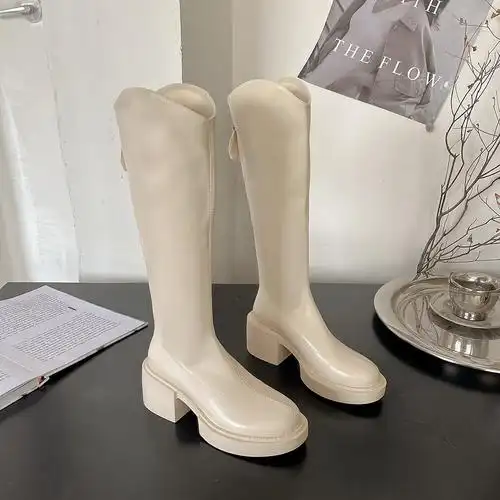 长筒靴腿粗冬长筒靴粗跟春秋v口不过膝长靴白色高跟小个子高筒靴骑士