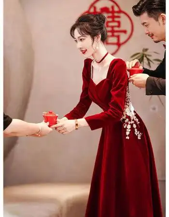 2021新款敬酒服新娘结婚回门酒红色长款长袖晚礼服宴会高端秋冬款 p03