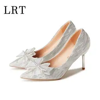 年新款银色蝴蝶结水钻高跟鞋气质新娘婚鞋浅口优雅银色细跟高8cm34