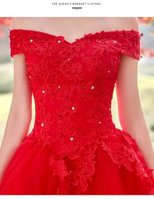 名门新娘红色婚纱礼服 新娘齐地2016新款一字肩婚纱红色春季2398 红色