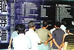 "耻辱墙"罗列着已经审判的主要犯罪分子,是吸引观众最多的展板之一.