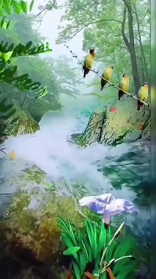 溪水潺潺鸟语花香一副美丽的自然画卷