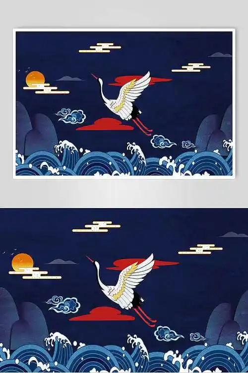 高端大气仙鹤蓝唯美国潮风仙鹤插画