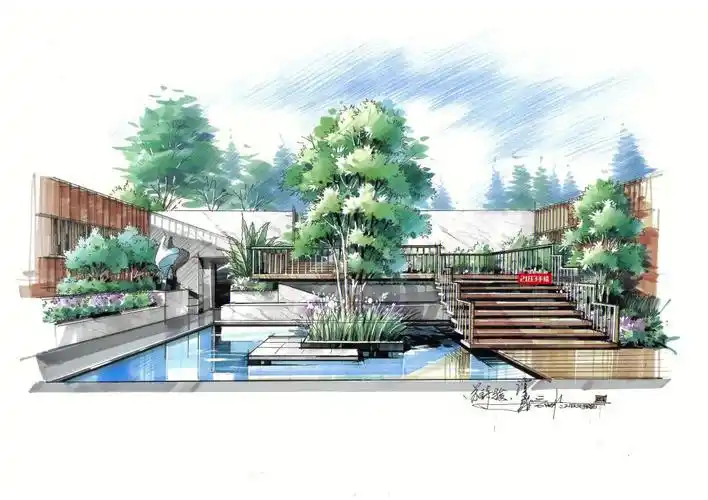 景观考研高分必备效果图中式庭院小水景