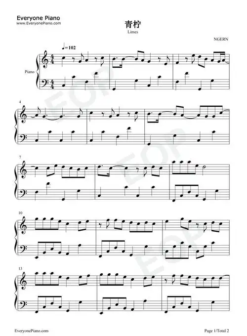 青柠-c调简单版-钢琴谱文件(五线谱,双手简谱,数字谱,midi,pdf)免费