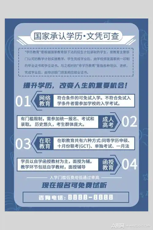 蓝色提升学历招生培训宣传海报