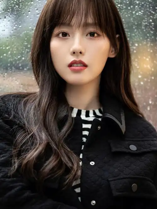 演员张嘉倪身着pinko菱格纹套装内搭条纹长