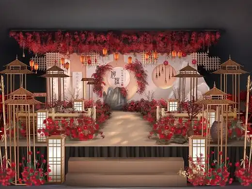 香槟色喜庆新中式婚礼设计舞台效果图布置方案