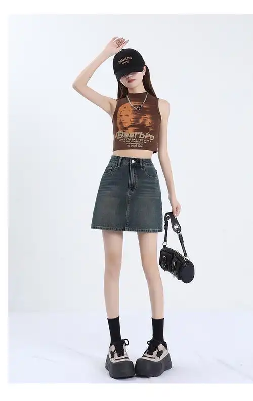 实拍超柔纱浅蓝色牛仔包臀裙半身a字裙防走光高街辣妹牛仔裙 - 17网