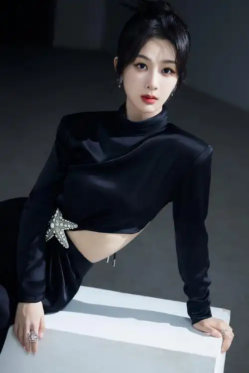 杨紫黑色闪钻镂空裙