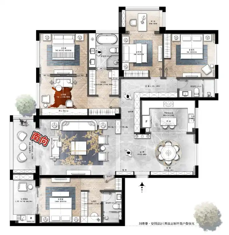 这是四室两厅三卫三阳台户型,整体布局动静分离,南北通透,尤其主卧室