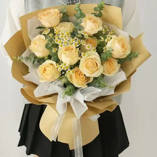 韩式花束生日礼物送女友同事闺蜜全国同城配送11朵香槟玫瑰花束清新