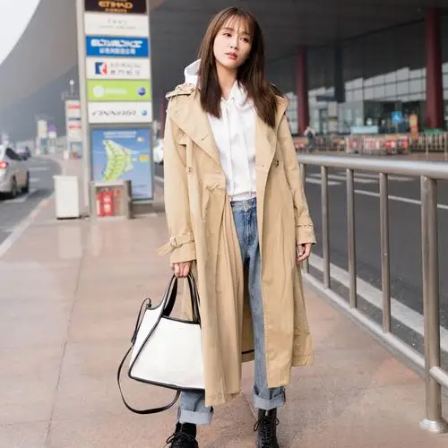 陈乔恩明星同款风衣中长款2019春装新款工装卡其色风衣大衣