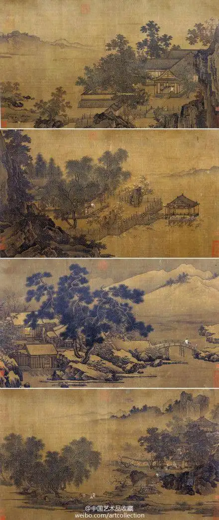 #山水画#【 南宋 刘松年 《四景山水图》 】卷,绢本设色,每幅纵41.3cm