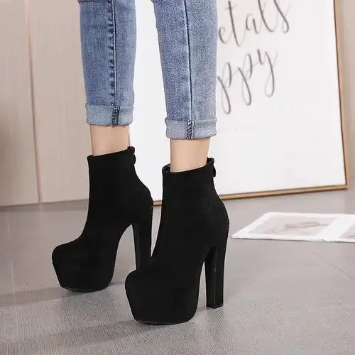 性感高跟鞋16走秀粗跟短筒靴防水台超高跟马丁靴女靴2024新款