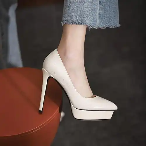 欧美风走秀单鞋2024年新款超高跟13cm细跟女鞋尖头厚底浅口女单鞋