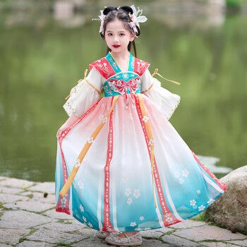 儿童汉服女童连衣裙夏季古装仙女裙子中国风唐装女孩演出服蝴蝶蓝7分