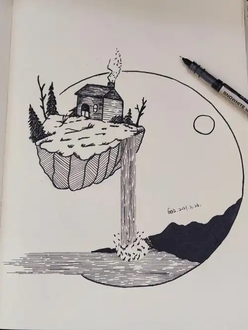 1126水光接天黑白画针管线描画临摹