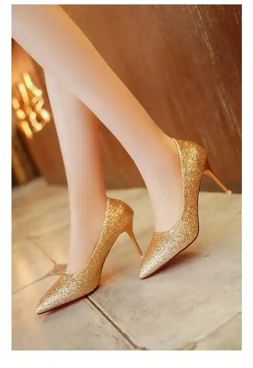 秋季尖头高跟鞋女2021新款高跟鞋女式大码单鞋金色36