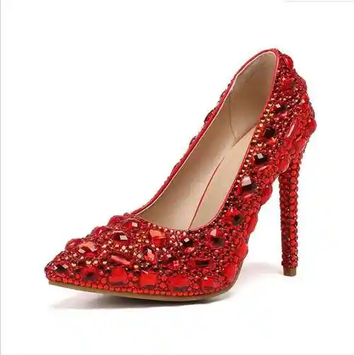 6色春季水晶钻石伴娘鞋婚礼派对女高跟女鞋新娘鞋尖头单鞋