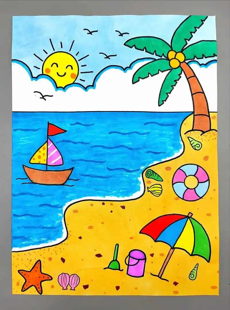 夏天主题画——《夏日海滩》风景画,简单好看! 炎热的夏天,最 - 抖音