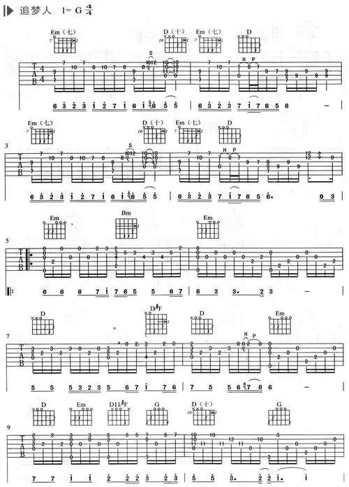 追梦人指弹吉他谱简单版琴歌版多种版本