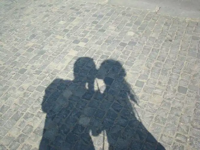 在阴影中接吻,年轻的夫妇在阴影中接吻