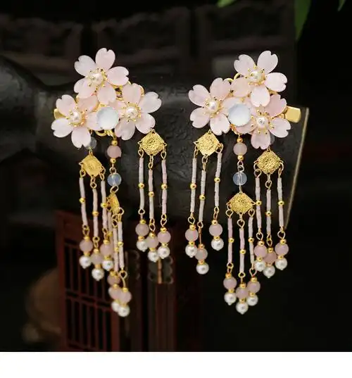 古风汉服头饰花朵边夹流苏步摇超仙唯美发夹对夹古装少女发饰配饰