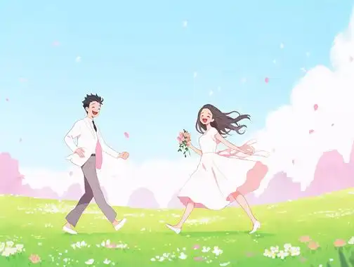 卡通情侣结婚唯美浪漫情人节爱情双人手绘插画温馨氛围感场景海报人物